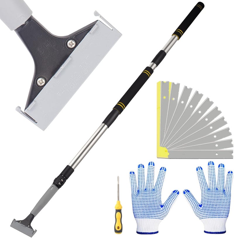 Frebuta 4"Razor Blade Floor Scraper with Long Handle,61in Adjustable Floor Scraper Heavy Duty with 10PCS Extra Metal Blades Paint Scraper for Cleaning Stickers Gum Glass Wall Tile (Retractable 82in) - Image 1